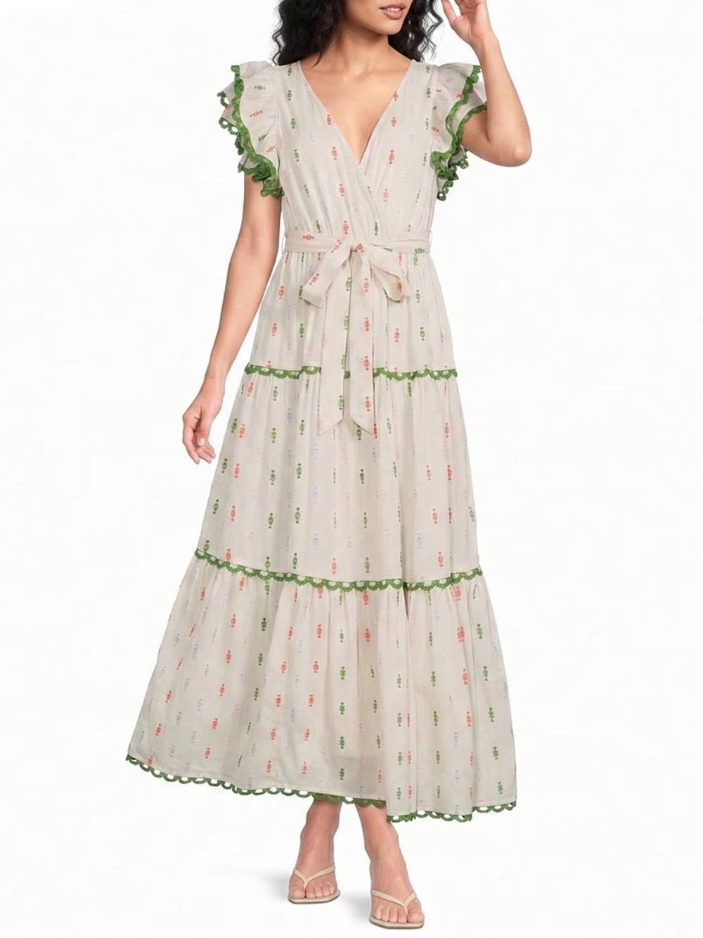 Cream Maxi Dress with Green Trim and Tie Waist